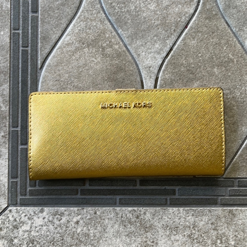 Michael Kors Medium Flat Slim Bifold Wallet Old Gold Leather